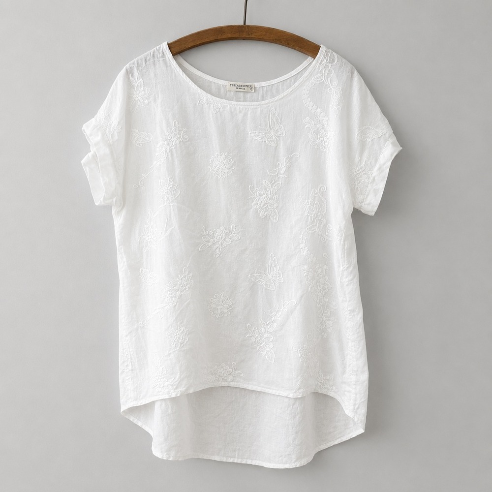 Terzo Millenio Blouse Size L White Linen Embroidered Cottagecore Lagenlook
